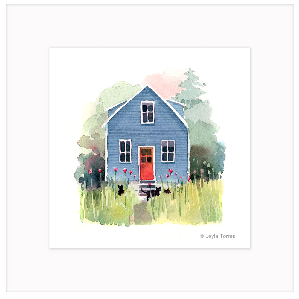 Blue House and Black Cats -Watercolor Art for Sale*