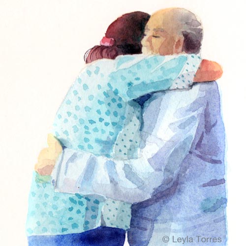 Watercolor painting. Older couple love and hug. Painted by Leyla Torres.