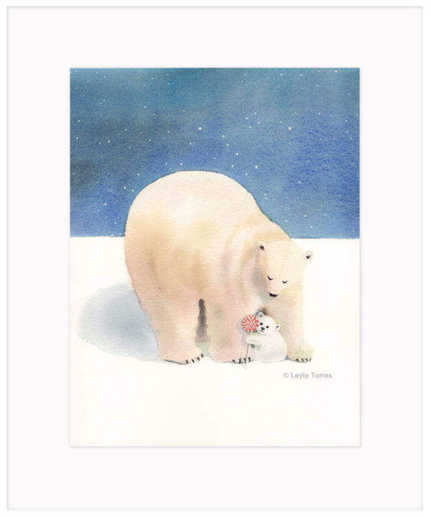 Mama Polar bear and baby bear holding a lollipop