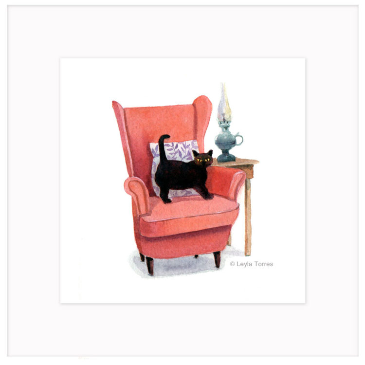 Black Cat - Red Chair Watercolor Illustration