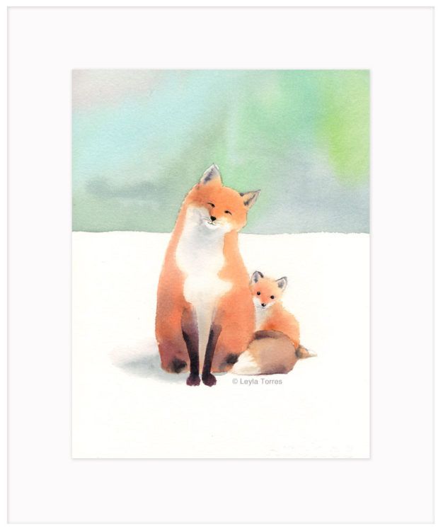 Mama and Baby Fox -Vixen and Kit in Watercolor