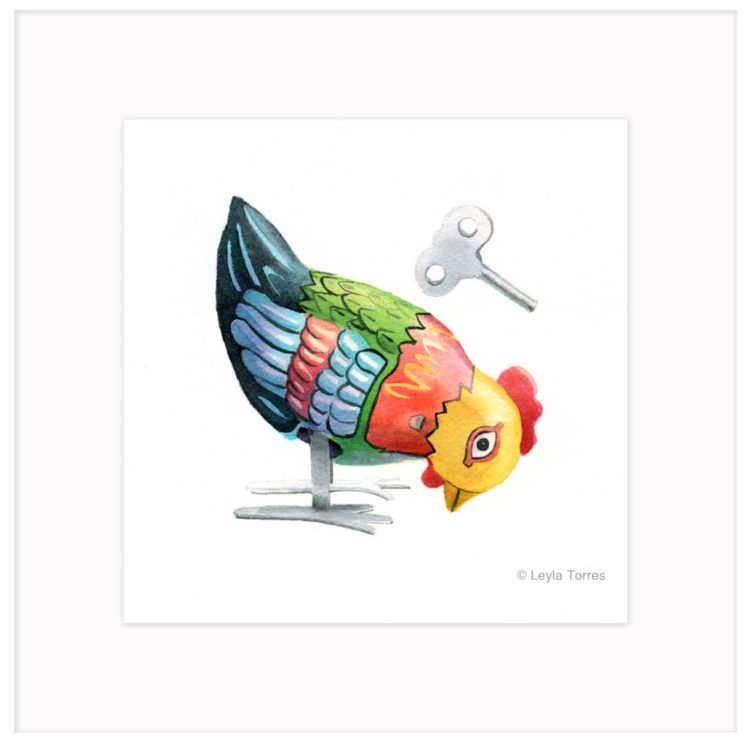 Wind-up Tin Hen -Watercolor Art