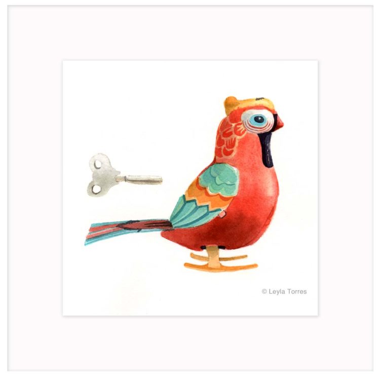 Wind-up Tin Red Bird -Watercolor Art