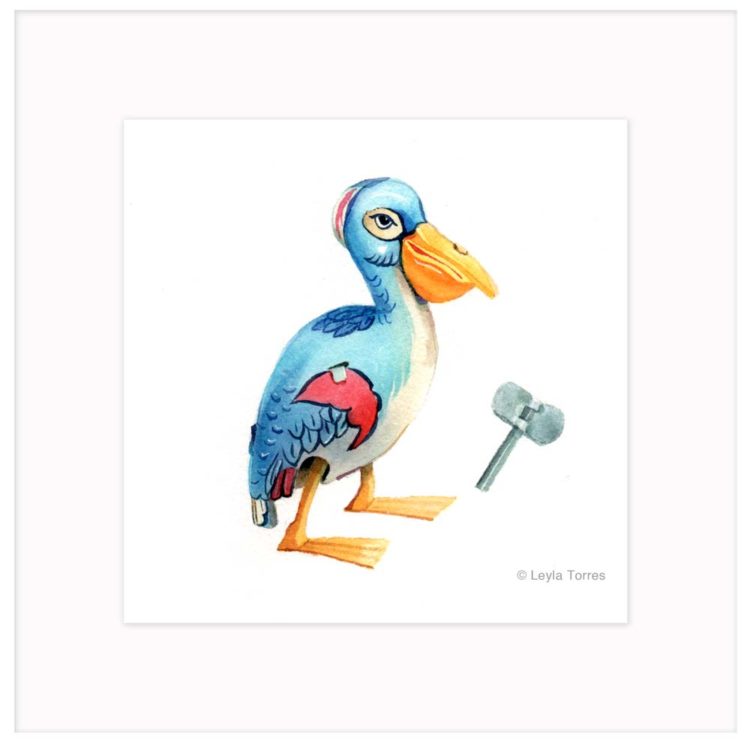 Wind-up Tin Pelican -Watercolor Art