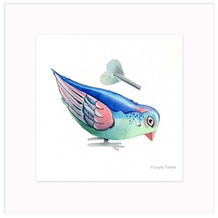 Retro Wind-Up Tin Blue Bird -Watercolor Art