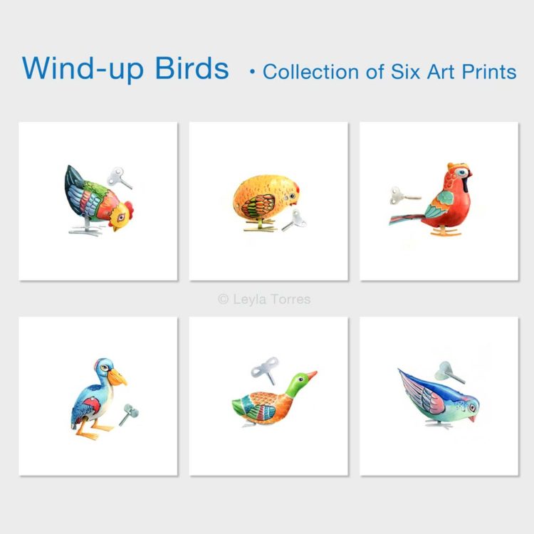 Wind-up Tin Birds -Collection of Six Prints