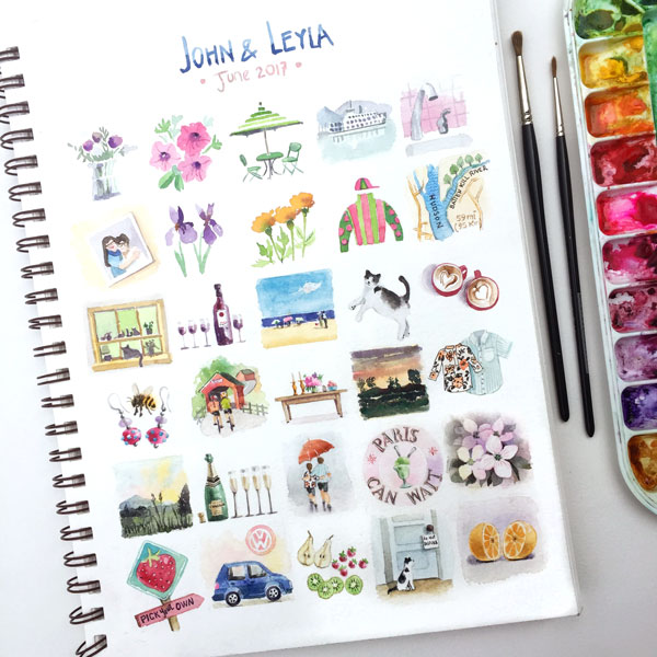 Sketchbook with mini watercolors for a thirty-day anniversary celebration