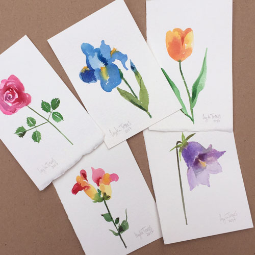 Flowers in watercolor, rose, iris, snapdragon, tulip, bluebell