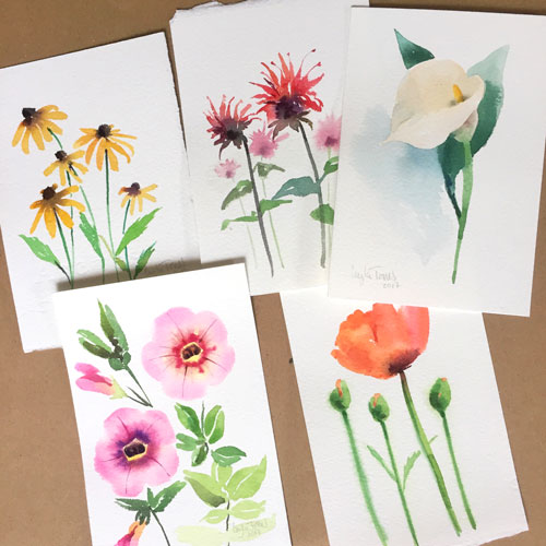 Flowers in watercolor, rose, iris, snapdragon, tulip, bluebell