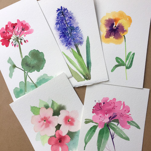 Flowers in watercolor, rose, iris, snapdragon, tulip, bluebell