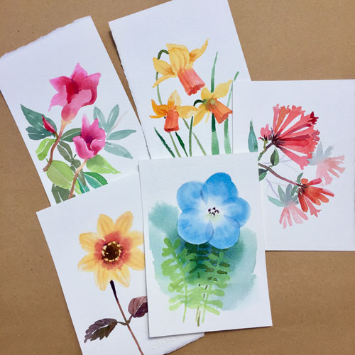 Flowers in watercolor, rose, iris, snapdragon, tulip, bluebell