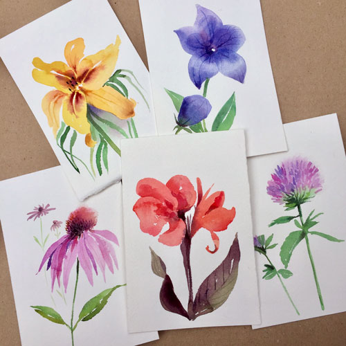 Flowers in watercolor, rose, iris, snapdragon, tulip, bluebell