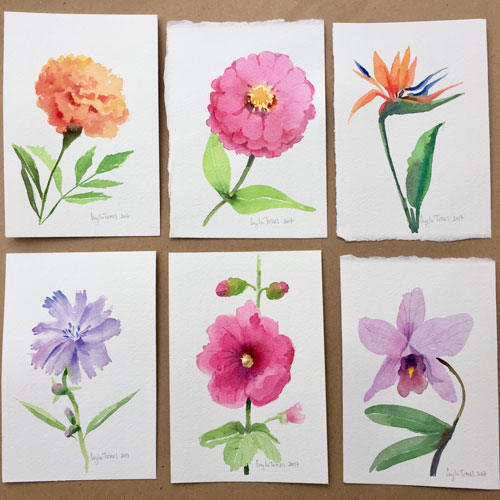 Flowers in watercolor, rose, iris, snapdragon, tulip, bluebell