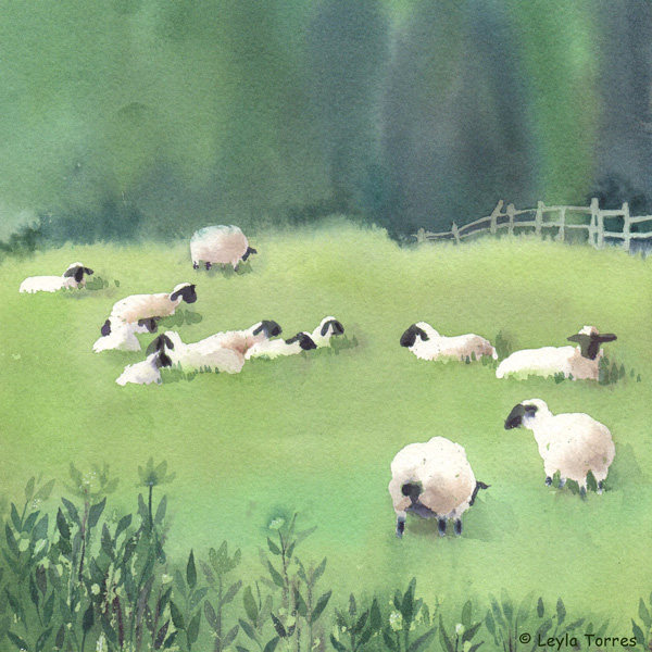 Sheep’s meadow in watercolor